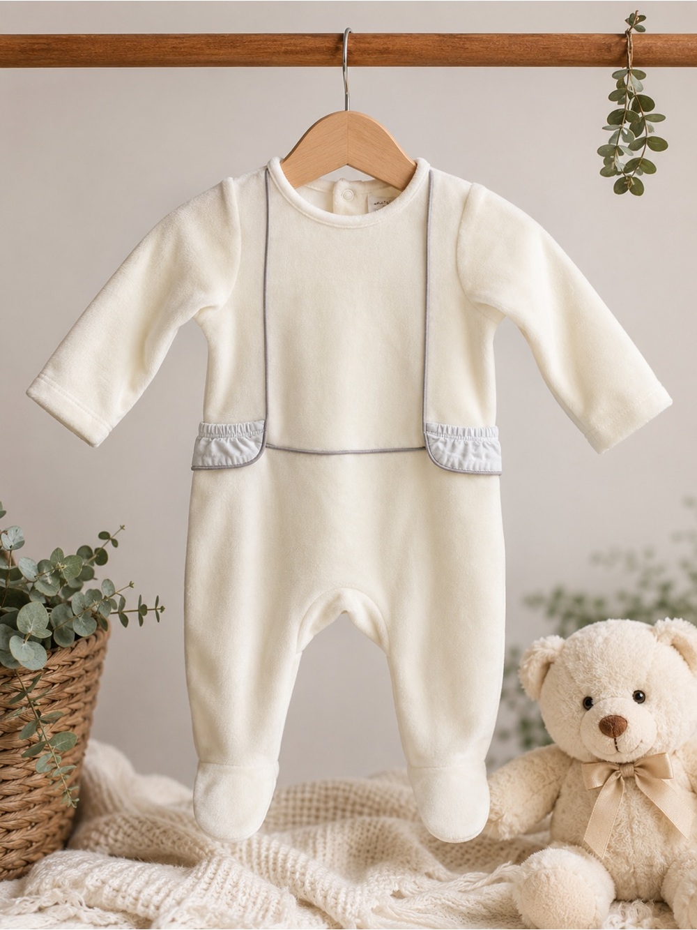Cream Baby Footed Romper with Light Gray Trim 0-3M